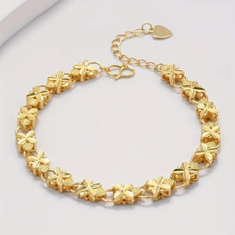 24K Gold Plated Shimmering Lucky Clover Heart Bracelet - Golden Luxury Charm